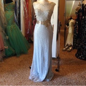 Blue beaded tony bowls gown